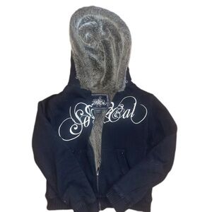 Y2K 2000 So Cal Women's Black Jacket with Faux Fur Hood